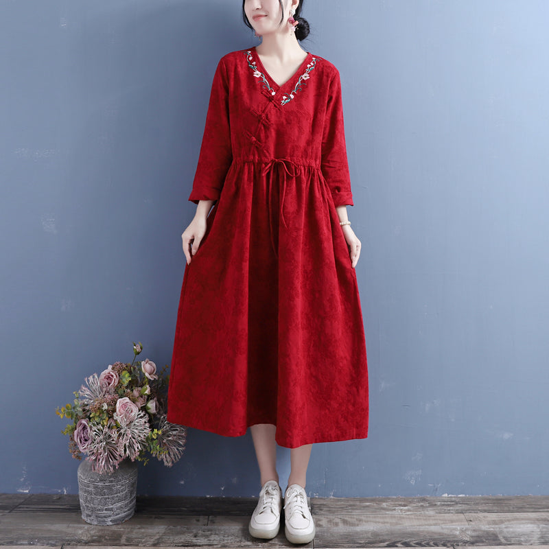 Autumn Cotton Linen Floral Embroidery Retro Dress Oct 2022 New Arrival One Size Red 