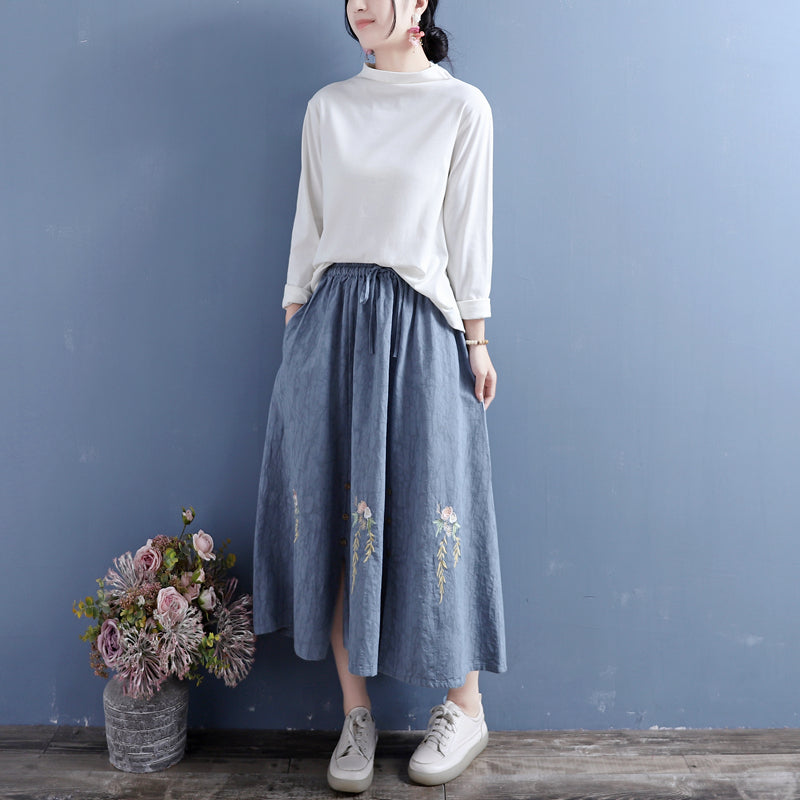 Autumn Cotton Linen Retro Embroidery Loose Skirt Oct 2022 New Arrival 