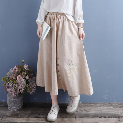 Autumn Cotton Linen Retro Embroidery Loose Skirt