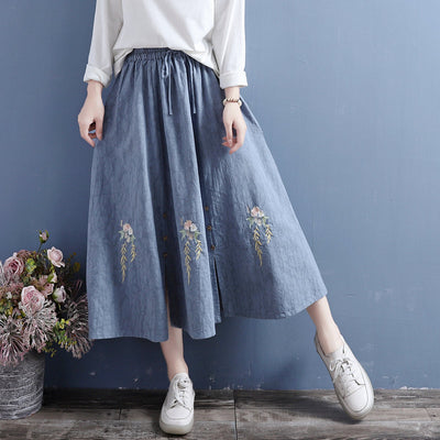 Autumn Cotton Linen Retro Embroidery Loose Skirt Oct 2022 New Arrival One Size Blue 