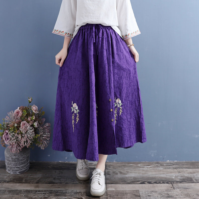 Autumn Cotton Linen Retro Embroidery Loose Skirt