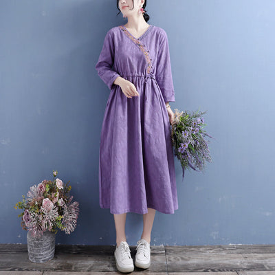 Autumn Cotton Linen Retro Embroidery V-Neck Dress Aug 2022 New Arrival 