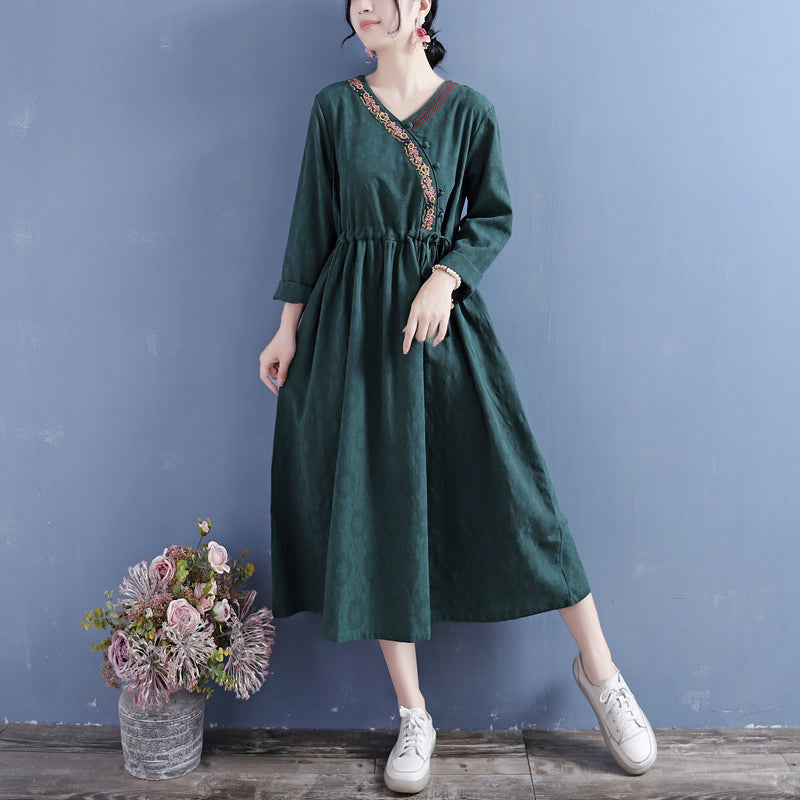Autumn Cotton Linen Retro Embroidery V-Neck Dress Aug 2022 New Arrival One Size Dark Green 