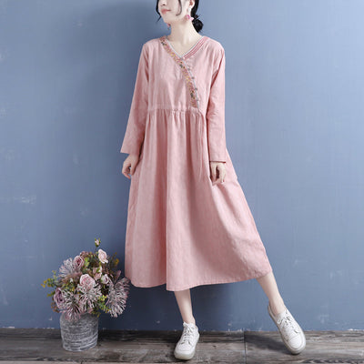 Autumn Cotton Linen Retro Embroidery V-Neck Dress Aug 2022 New Arrival One Size Pink 