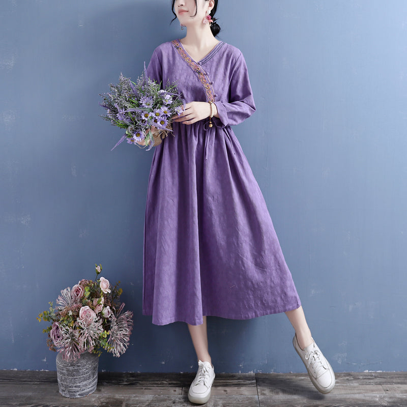 Autumn Cotton Linen Retro Embroidery V-Neck Dress Aug 2022 New Arrival One Size Purple 