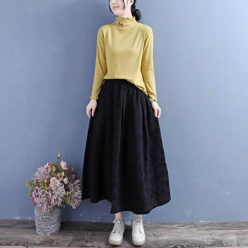 Autumn Cotton Linen Retro Floral Skirt