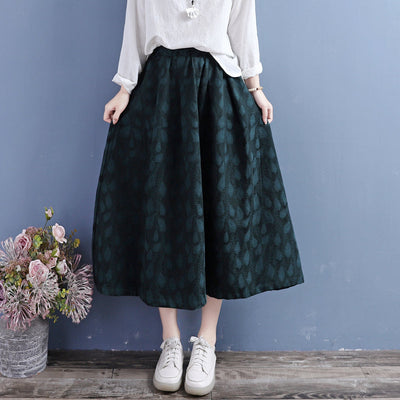 Autumn Cotton Linen Retro Floral Skirt Oct 2022 New Arrival One Size Green 