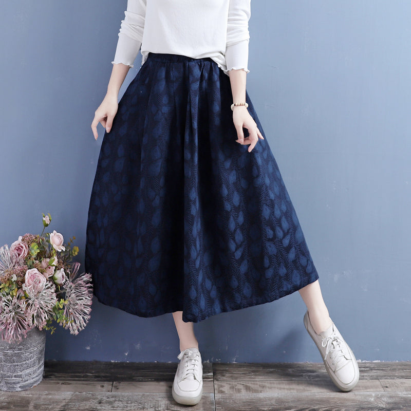 Autumn Cotton Linen Retro Floral Skirt Oct 2022 New Arrival One Size Navy 