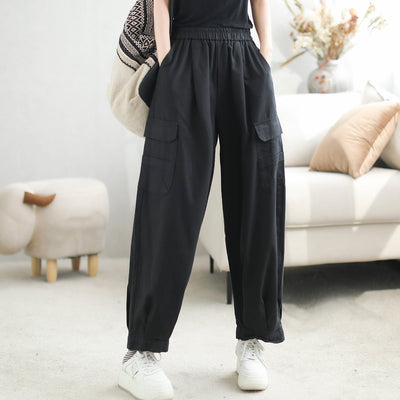 Autumn Cotton Loose Solid Casual Harem Pants Sep 2023 New Arrival One Size Black 