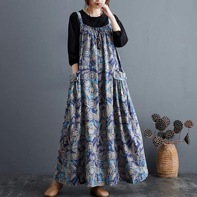 Autumn Ethnic Loose Cotton Printed Floral Strap Dress April 2021 New-Arrival One Size Blue 