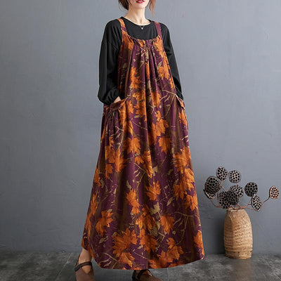 Autumn Ethnic Loose Cotton Printed Floral Strap Dress April 2021 New-Arrival One Size Camel 