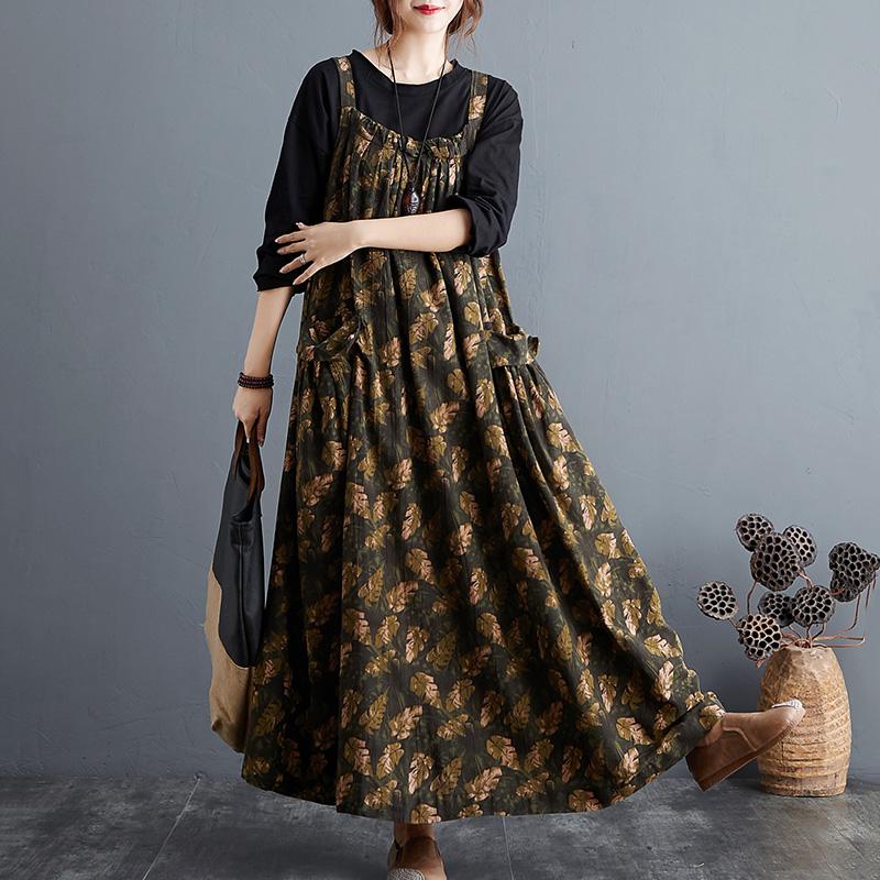 Autumn Ethnic Loose Cotton Printed Floral Strap Dress April 2021 New-Arrival One Size Coffee 