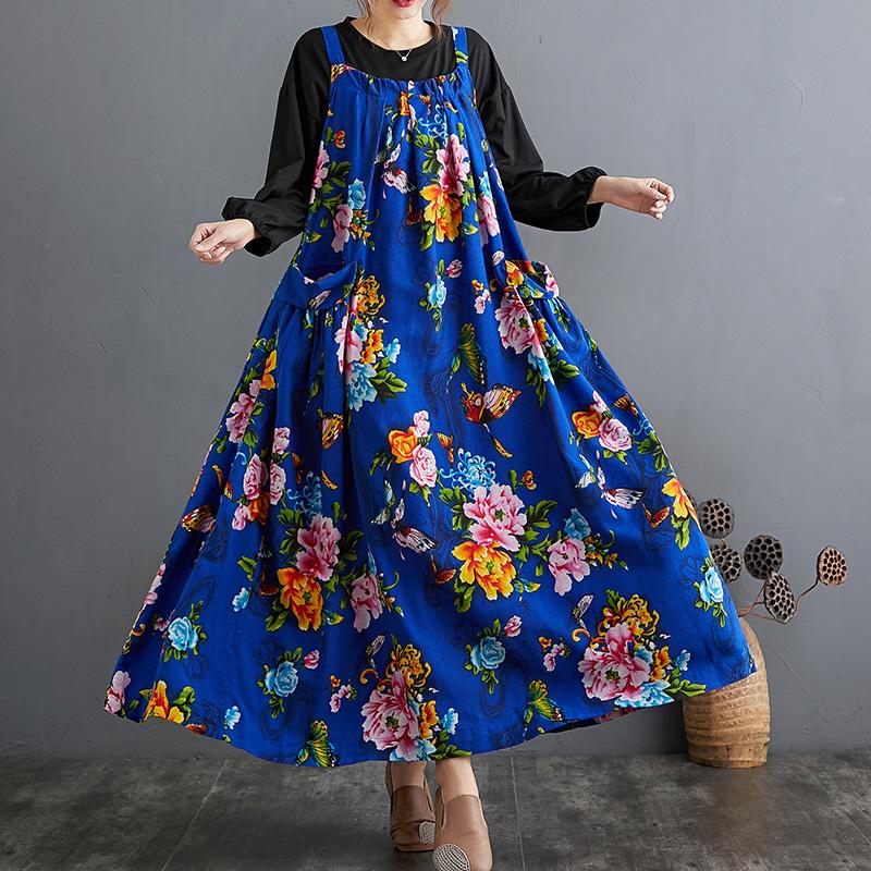Autumn Ethnic Loose Cotton Printed Floral Strap Dress April 2021 New-Arrival One Size Light Navy 