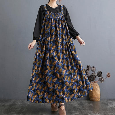 Autumn Ethnic Loose Cotton Printed Floral Strap Dress April 2021 New-Arrival One Size Navy 