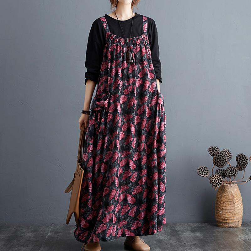 Autumn Ethnic Loose Cotton Printed Floral Strap Dress April 2021 New-Arrival One Size Pink 