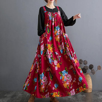 Autumn Ethnic Loose Cotton Printed Floral Strap Dress April 2021 New-Arrival One Size Red 