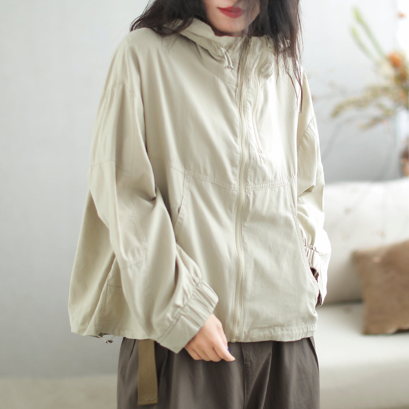 Autumn Fashion Casual Loose Cotton Hooded Jacket Aug 2023 New Arrival One Size Beige 
