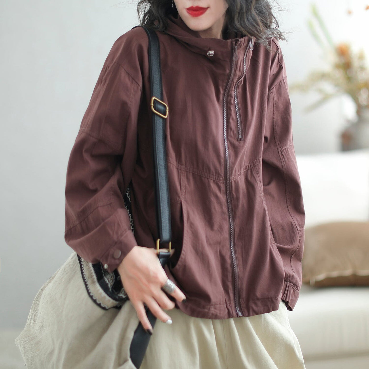 Autumn Fashion Casual Loose Cotton Hooded Jacket Aug 2023 New Arrival One Size Wine Red 