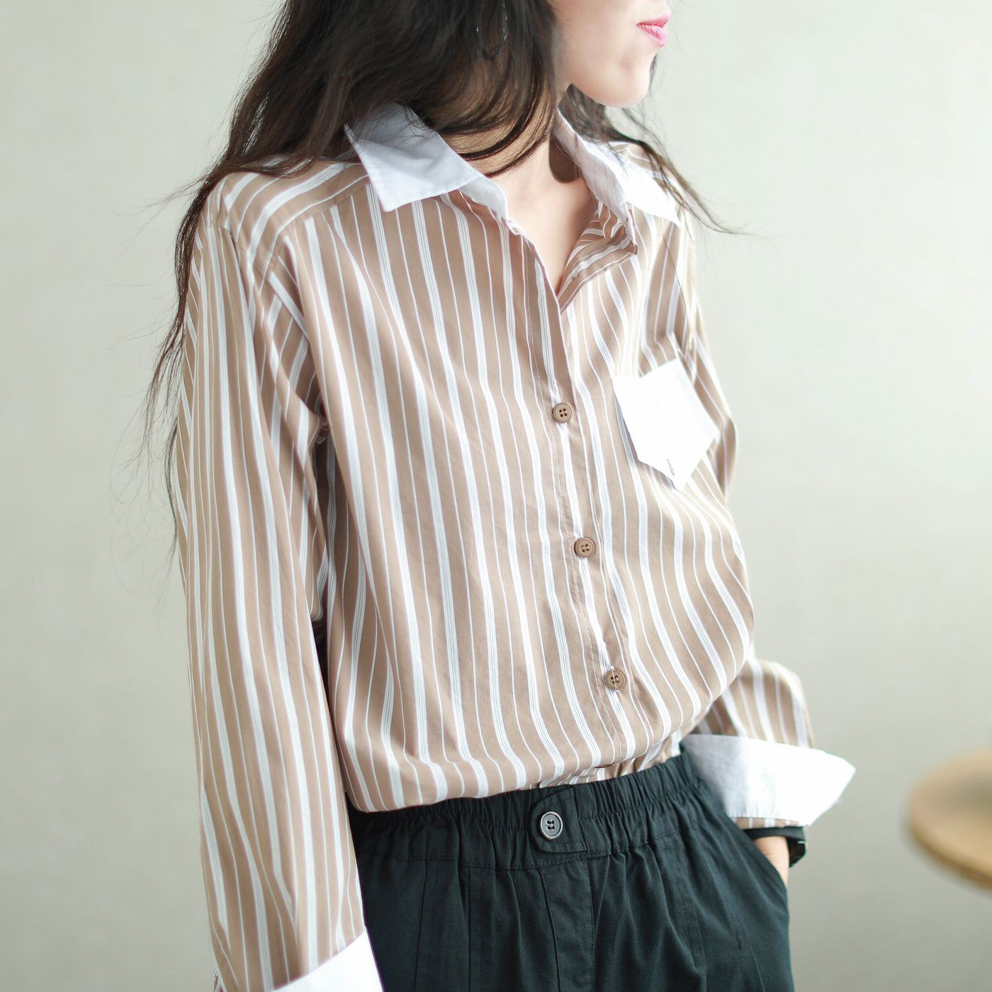 Autumn Fashion Stripe Casual Loose Blouse Aug 2023 New Arrival One Size Coffee 