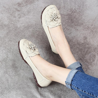 Autumn Flat Retro Floral Leather Casual Shoes September 2021 new-arrival 35 Beige 