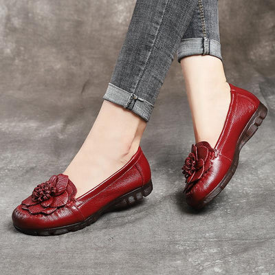 Autumn Flat Retro Floral Leather Casual Shoes September 2021 new-arrival 35 Red 