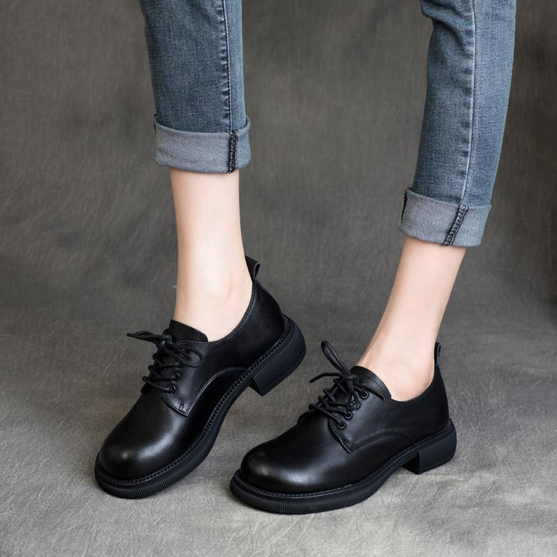Autumn Leather Round Head Casual Shoes Aug 2021 New-Arrival 35 Black 