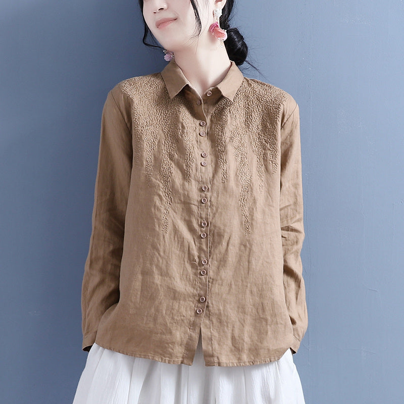 Autumn Linen Embroidery Long Sleeve Casual Loose Blouse