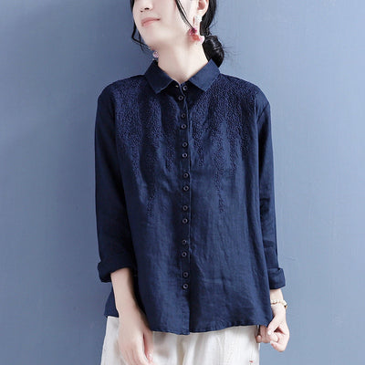 Autumn Linen Embroidery Long Sleeve Casual Loose Blouse