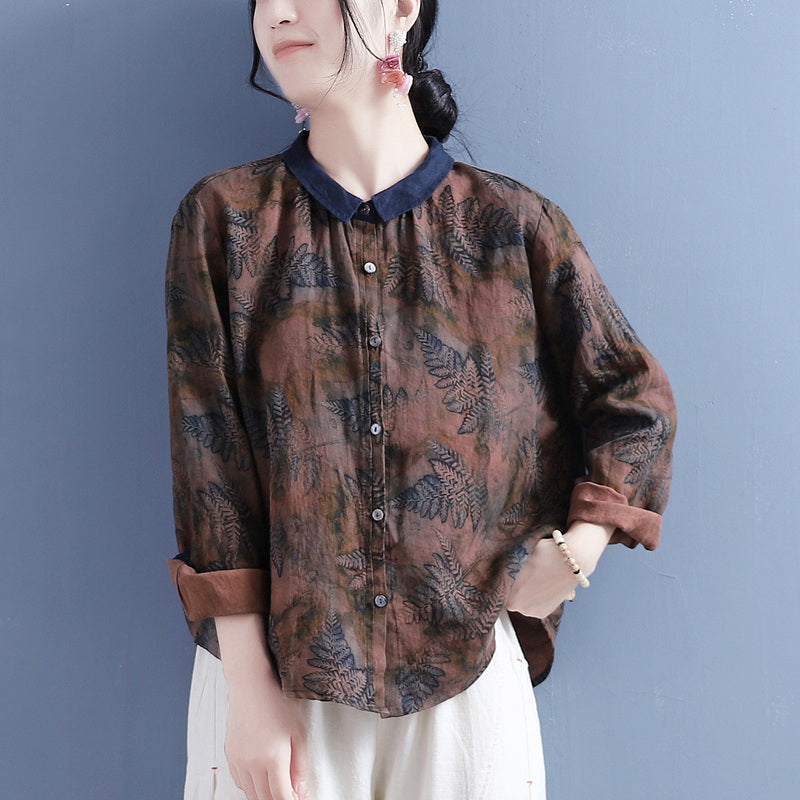 Autumn Linen Retro Print Loose Long Sleeve Blouse Aug 2022 New Arrival One Size Coffee 