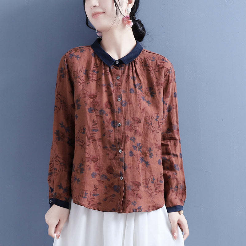 Autumn Linen Retro Print Loose Long Sleeve Blouse Aug 2022 New Arrival One Size Red 