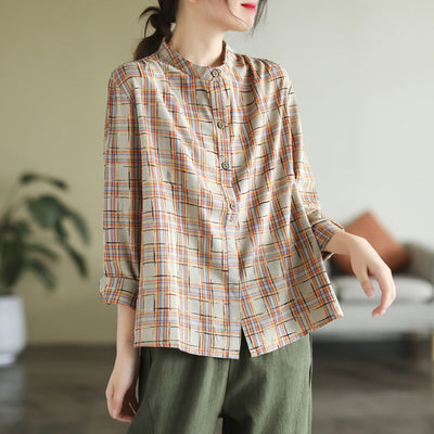 Autumn Long Sleeve Cotton Causal Loose Plaid Blouse Aug 2022 New Arrival 