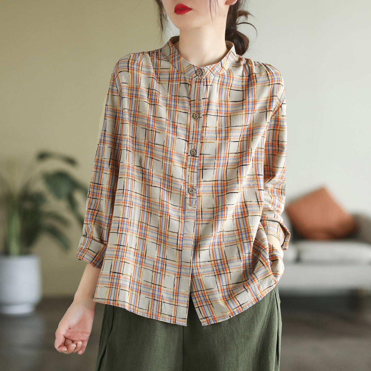 Autumn Long Sleeve Cotton Causal Loose Plaid Blouse Aug 2022 New Arrival Orange One Size 