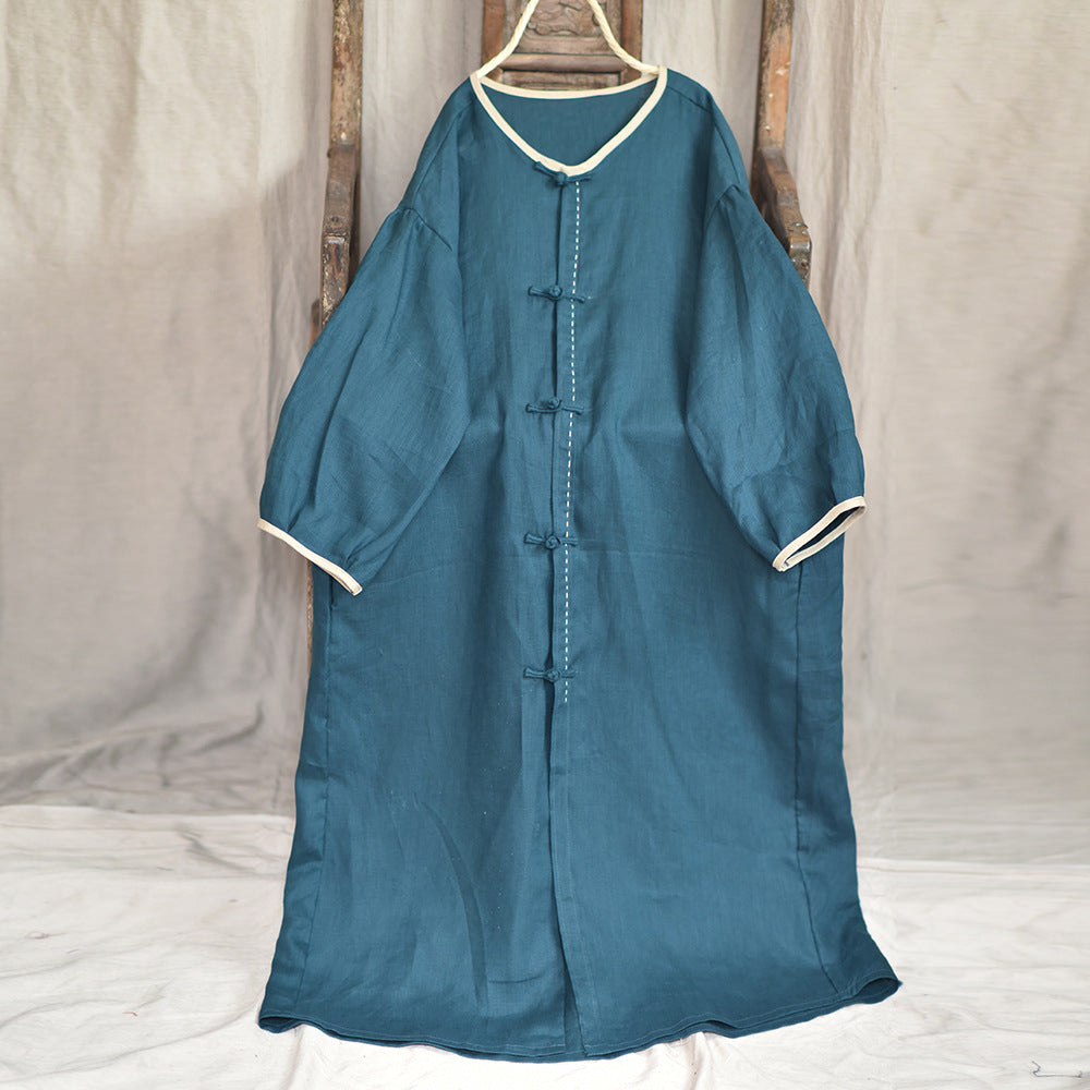 Autumn Long Sleeve Retro Cotton Linen Loose Dress Aug 2022 New Arrival Blue One Size 