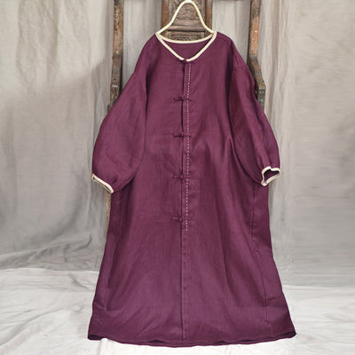 Autumn Long Sleeve Retro Cotton Linen Loose Dress Aug 2022 New Arrival Purple One Size 