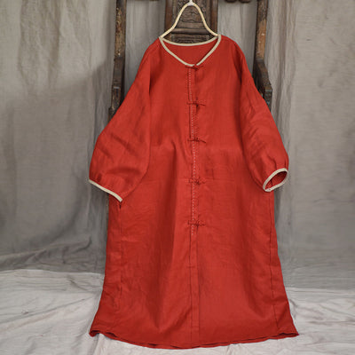 Autumn Long Sleeve Retro Cotton Linen Loose Dress Aug 2022 New Arrival Red One Size 