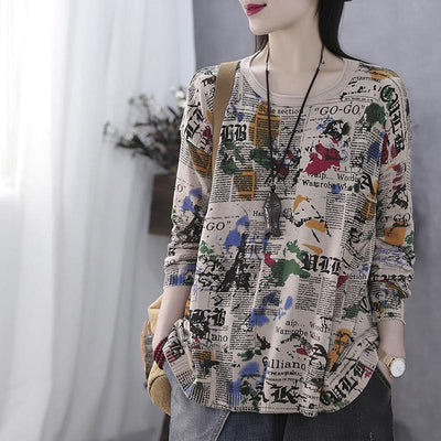 Autumn Long Sleeve Vintage Letter Print Sweater July 2020-New Arrival One Size Beige 