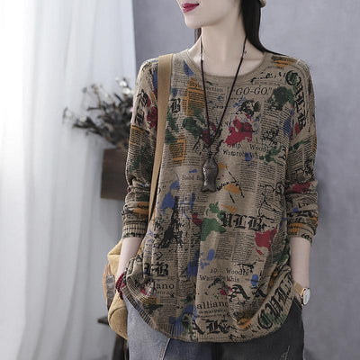 Autumn Long Sleeve Vintage Letter Print Sweater July 2020-New Arrival One Size Khaki 