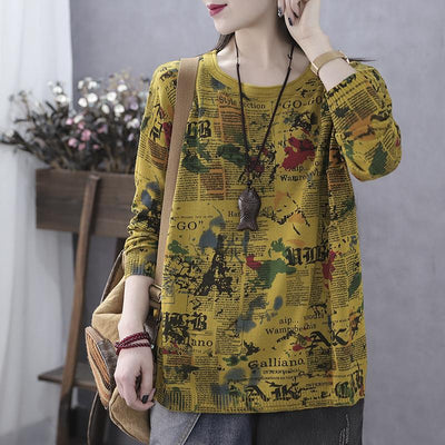 Autumn Long Sleeve Vintage Letter Print Sweater July 2020-New Arrival One Size Yellow 