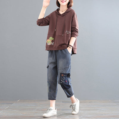 Autumn Loose Casual Cotton Hoodie & Jeans Set