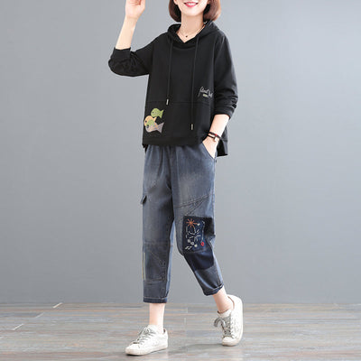 Autumn Loose Casual Cotton Hoodie & Jeans Set