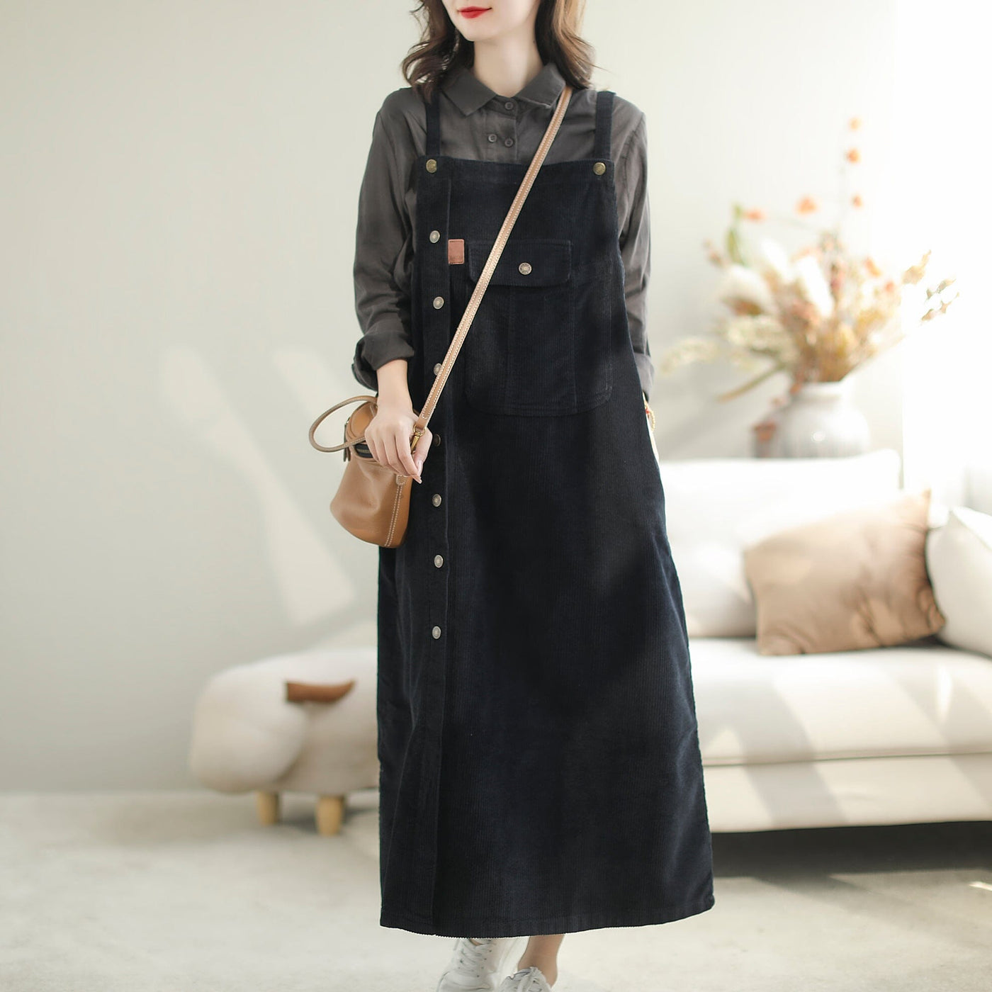 Autumn Loose Casual Patchwork Corduroy Strape Dress Sep 2023 New Arrival 