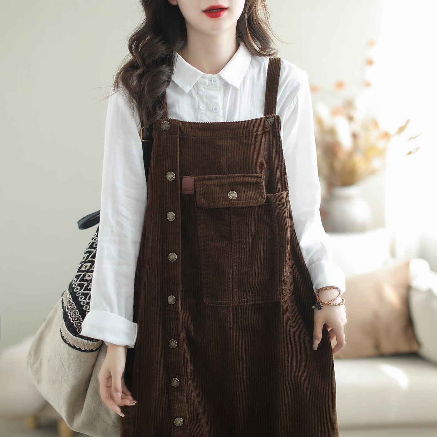 Autumn Loose Casual Patchwork Corduroy Strape Dress Sep 2023 New Arrival 