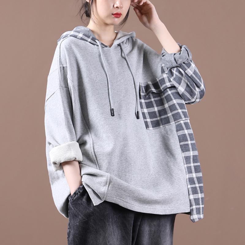 Autumn Loose Large Size Stitching Hooded Sweater Nov 2020-New Arrival One Size Gray 