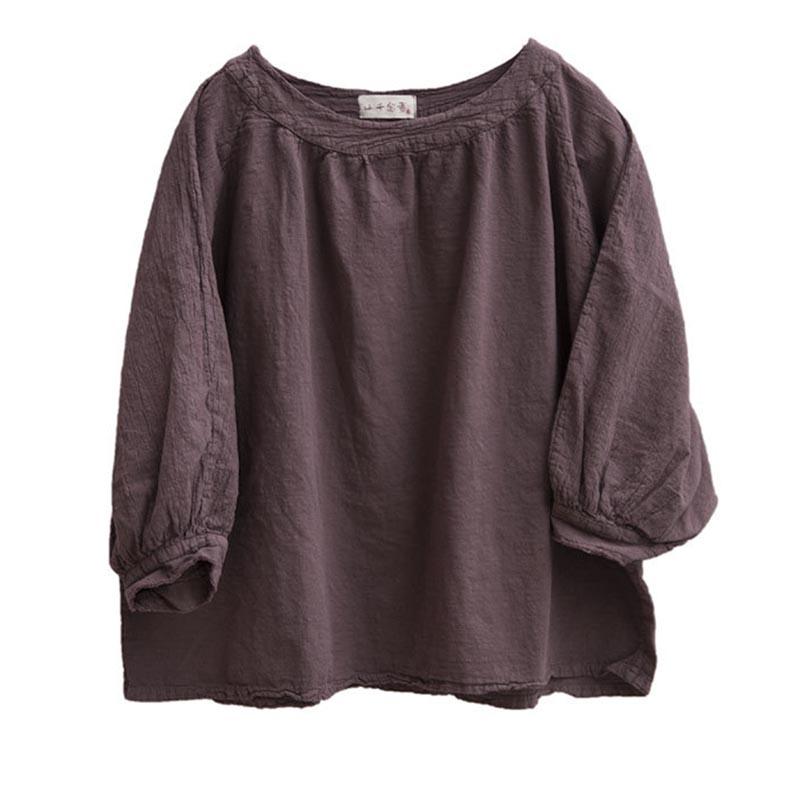 Autumn Loose Pullover Retro Cotton Linen Puff Sleeve T-Shirt