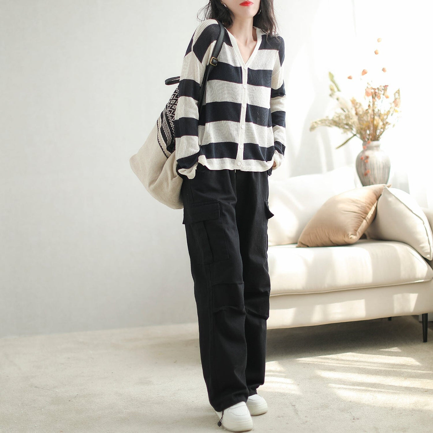 Autumn Minimalist Casual Stripe Knitted Cardigan Aug 2023 New Arrival 