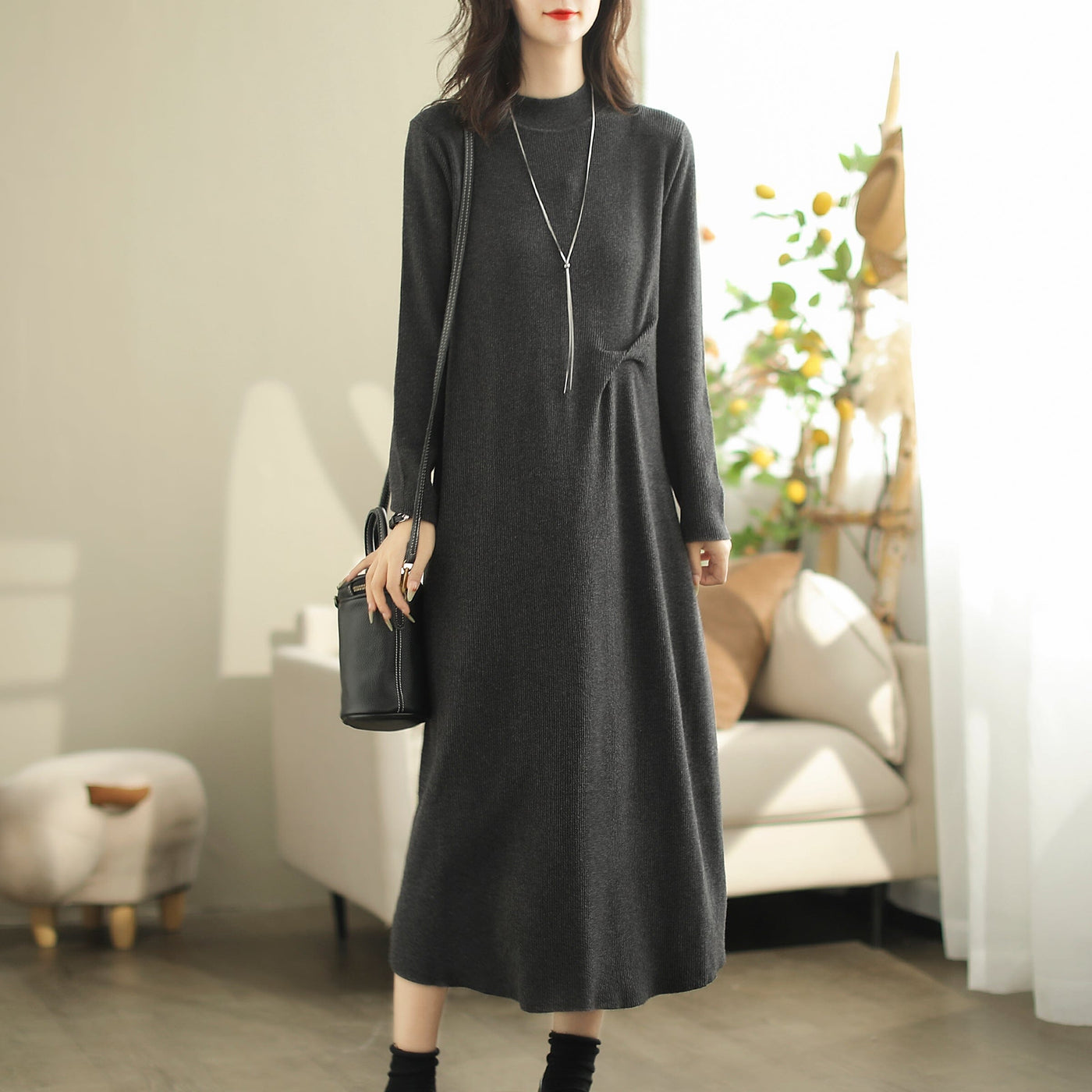 Autumn Minimalist Cotton Casual Dress Oct 2023 New Arrival One Size Gray 