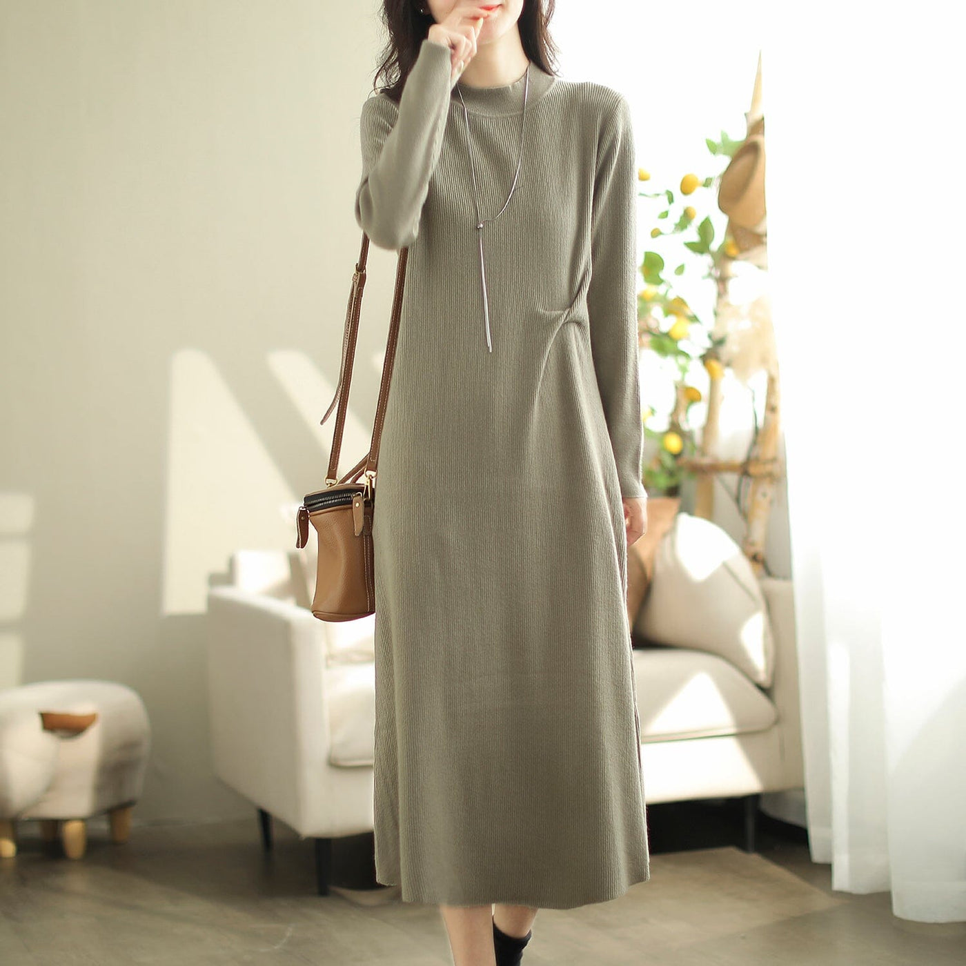 Autumn Minimalist Cotton Casual Dress Oct 2023 New Arrival One Size Green 