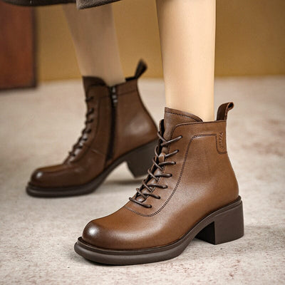 Autumn Minimalist Retro Leather Chunky Heel Boots