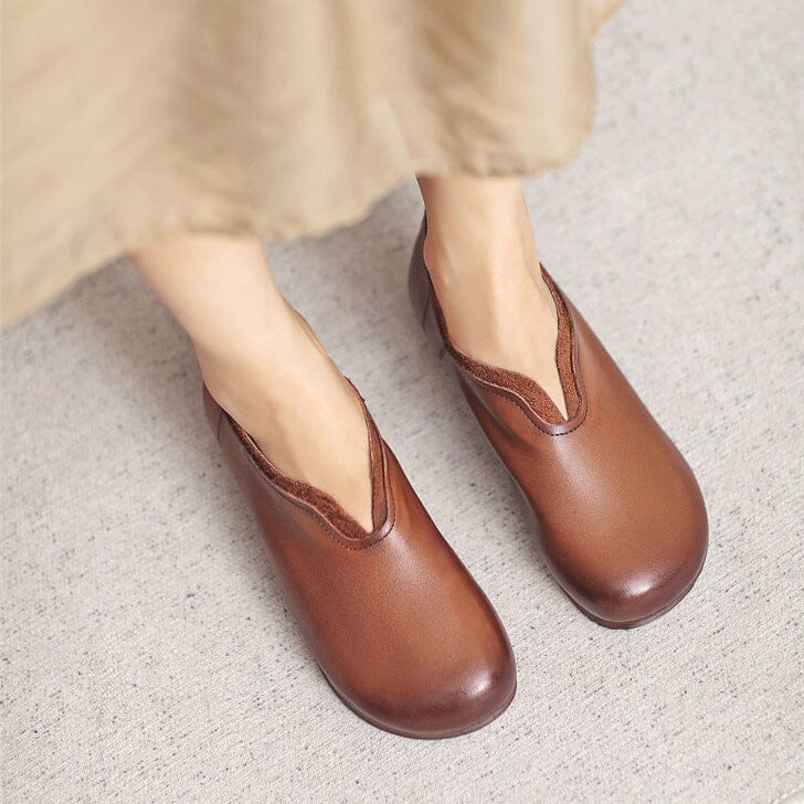 Autumn Minimalist Retro Solid Leather Flat Casual Shoes Aug 2023 New Arrival Brown 35 
