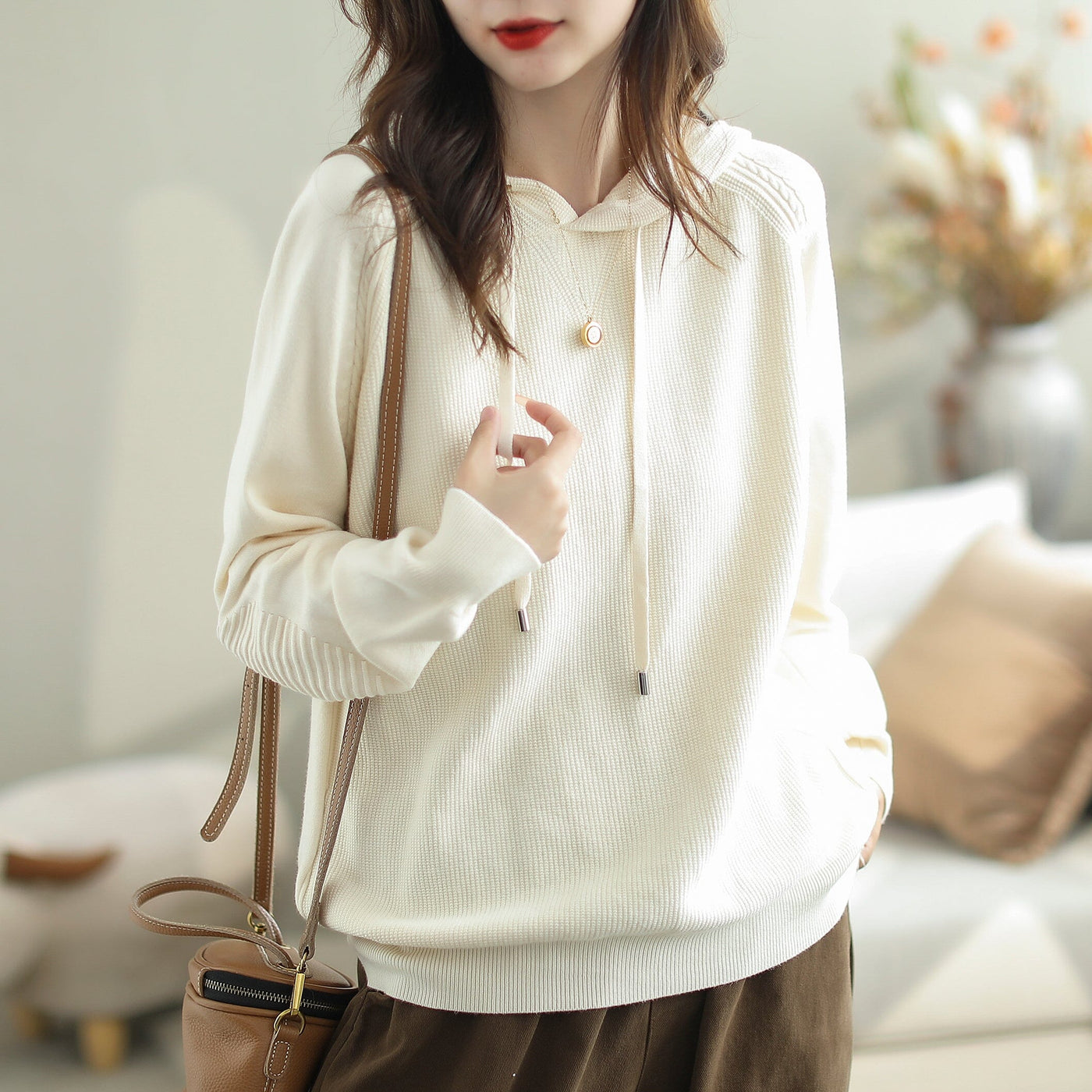 Autumn Minimalist Solid Casual Loose Hoodie Oct 2023 New Arrival One Size Apricot 